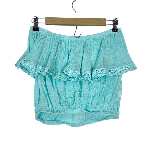 Jen's Pirate Booty Top Womens One Size teal Gauze Ruffle Lace Crop Off Shoulder - Picture 1 of 11